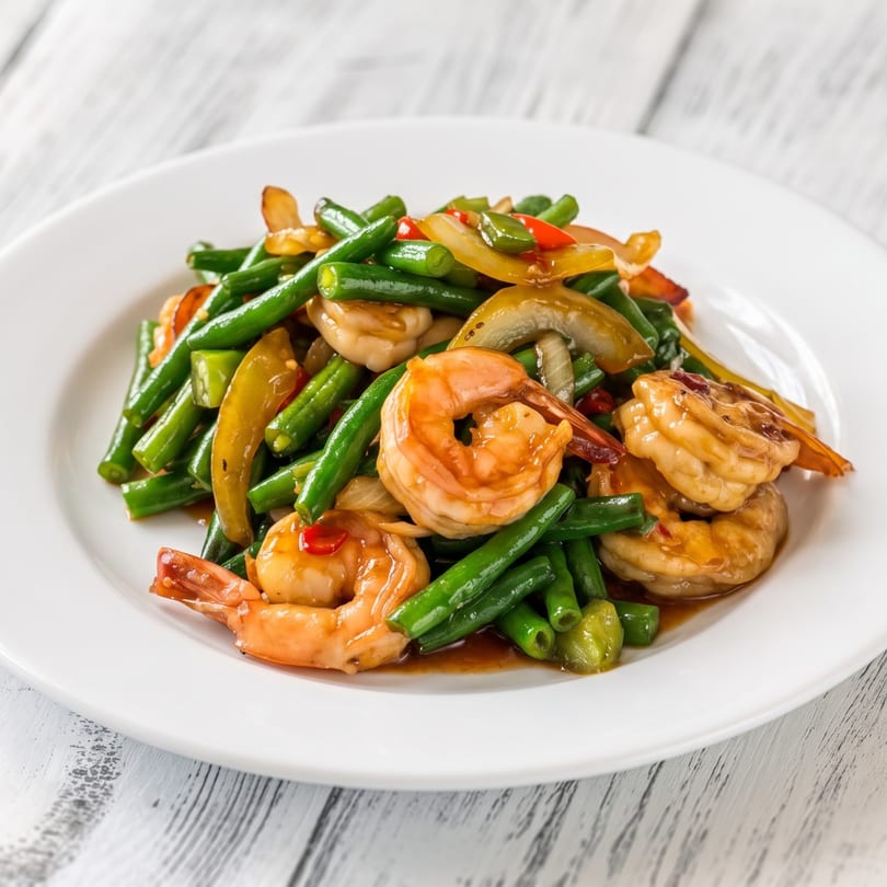 Shrimp stir-fry with green beans, bell peppers, and onions on a white plate.