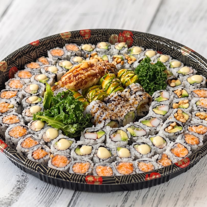 Large sushi platter with various rolls, including avocado, shrimp, and spicy salmon, garnished with greens.