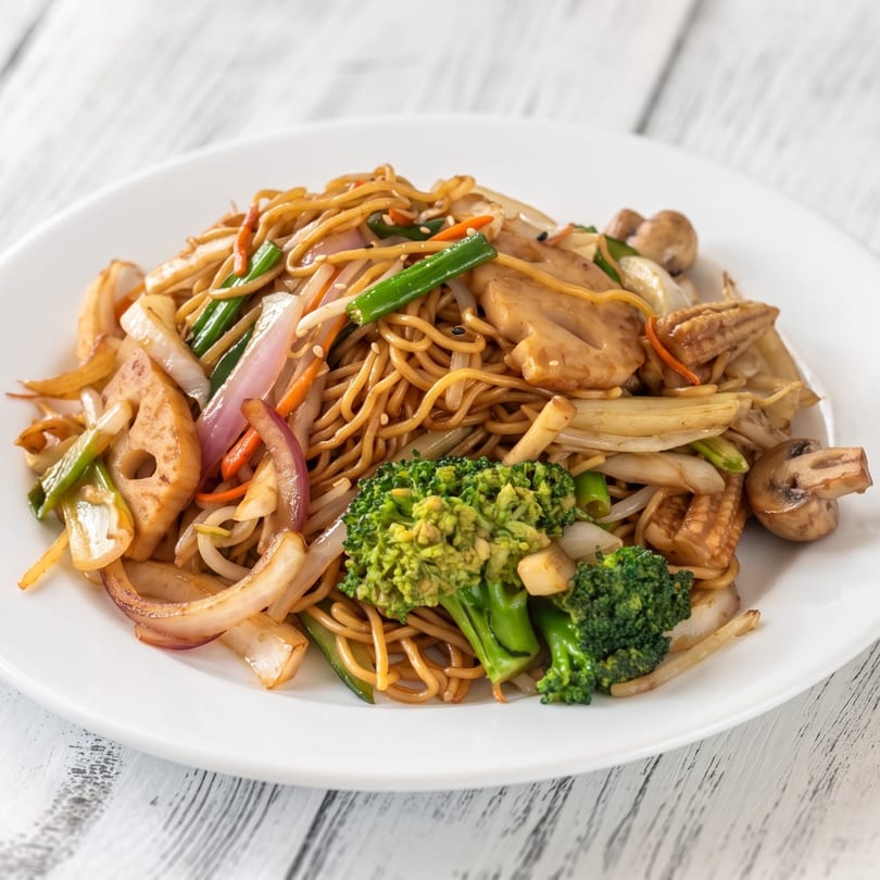 A white plate filled with stir-fried noodles, broccoli, mushrooms, onions, and other vegetables.