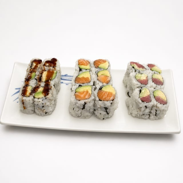 Eel Avocado, Tuna Cucumber, Salmon Avocado Roll.